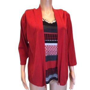 Alfred Dunner 2-for-1 Layered Look Top Red Open Front Cardigan Mixed Print 1X